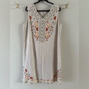 Preston & York Embroidered Sleeveless Linen Midi Sheath Dress Size 12 Beige VGUC